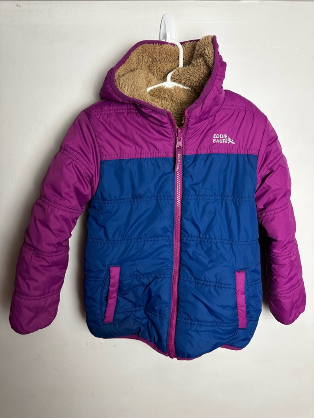 Eddie Bauer Kid’s Reversible Puffer Jacket Size XS 5/6 Sherpa Winter Brown